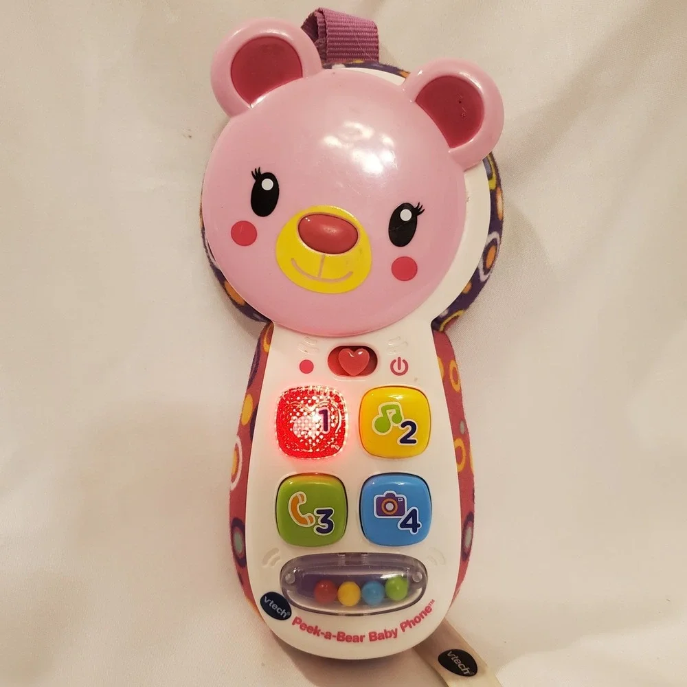 VTech Peek-a-Bear Baby Toddler Toy Phone Lights Up, Music,‎ Numbers, Colors Pink
